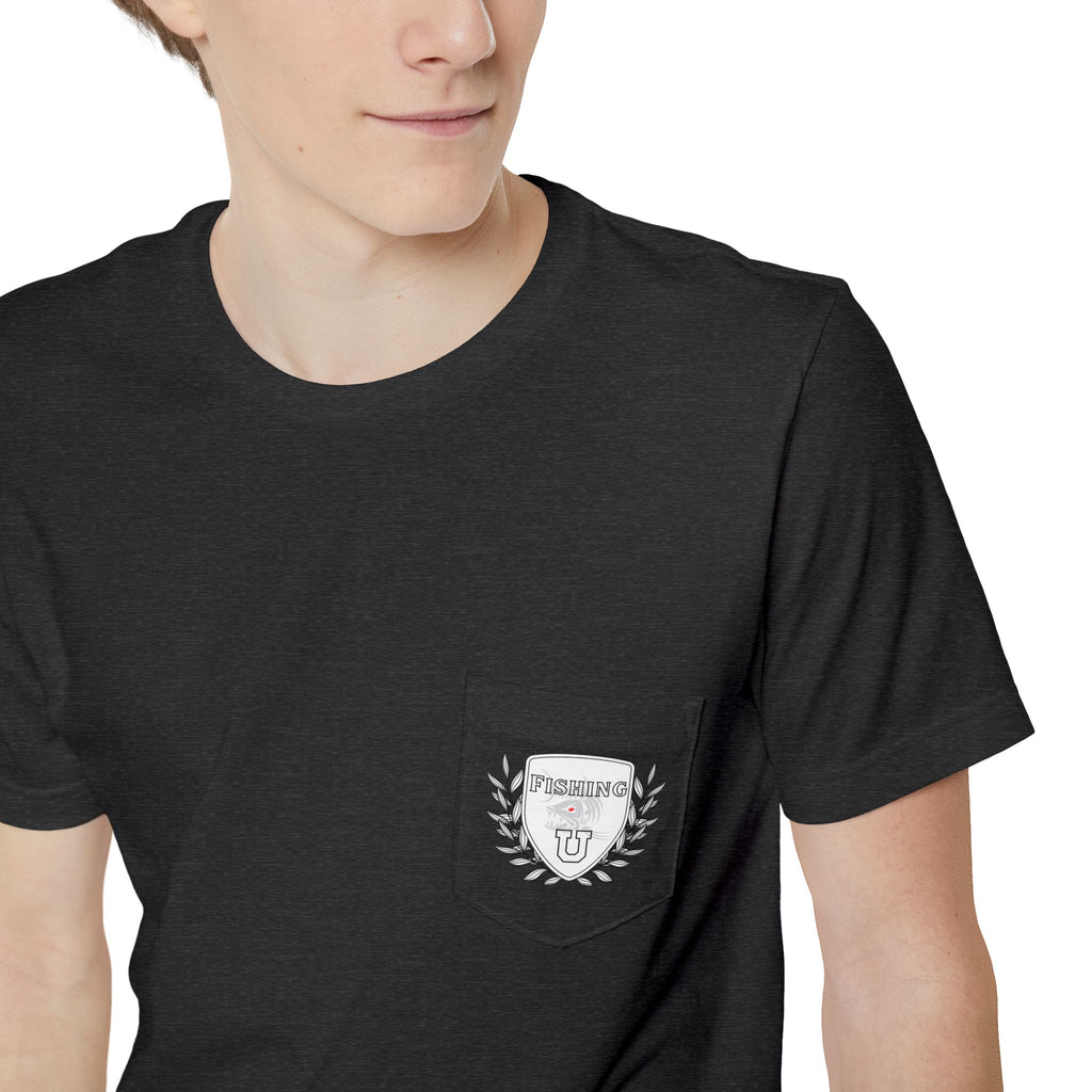 "Fishing University" Unisex Pocket T-Shirt - Unique Graphic Tee for Casual Style.