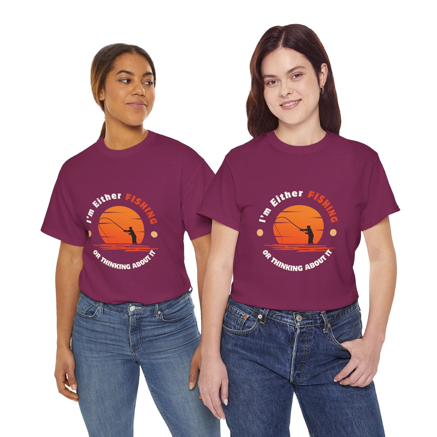 "I'm Either Fishing or Thinking About It" Unisex Heavy Cotton Tee - Relaxed Fit Fishing Apparel