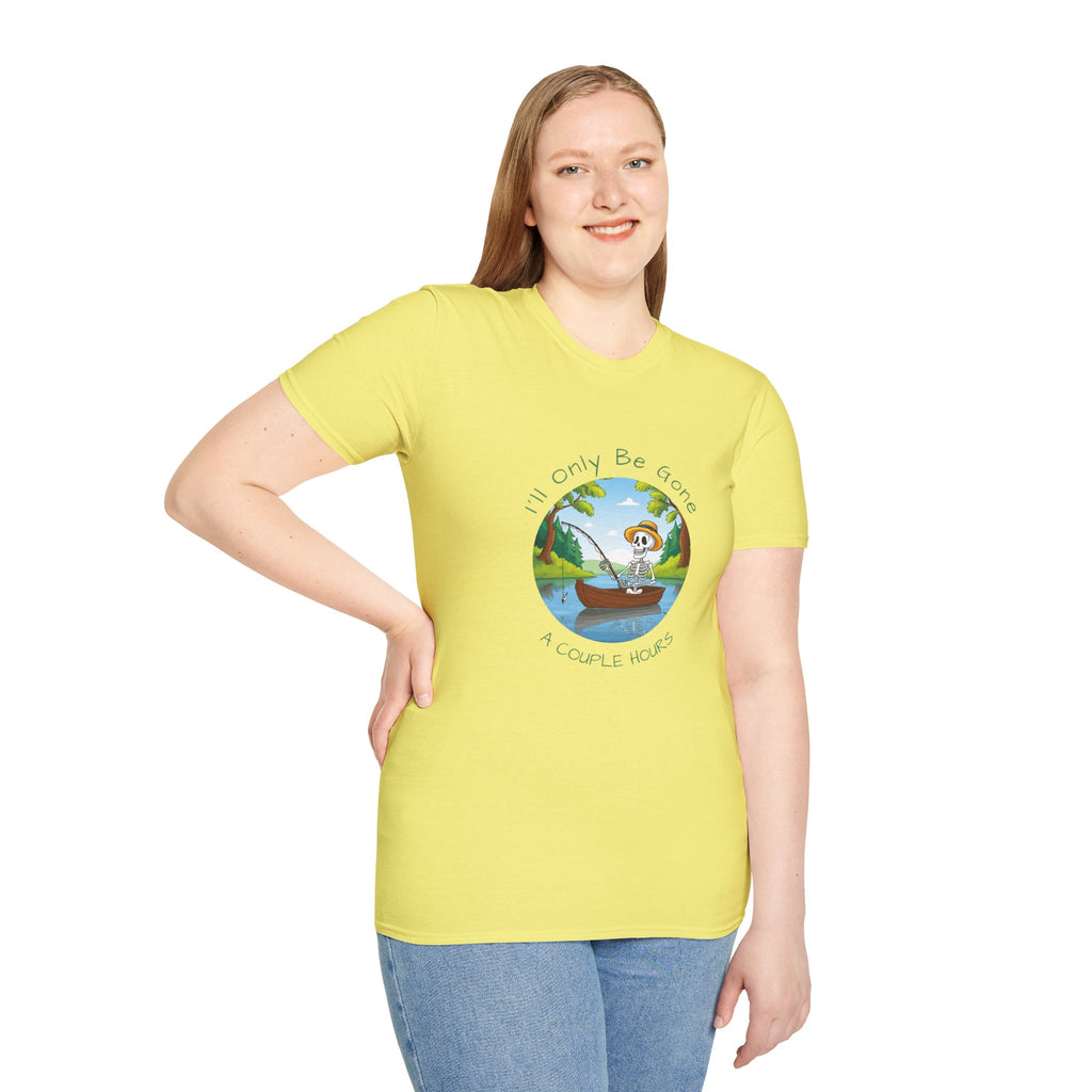 "I'll Only Be Gone A Couple Hours" Fishing Theme Unisex Softstyle T-Shirt – Perfect for Nature Lovers & Weekend Adventurers