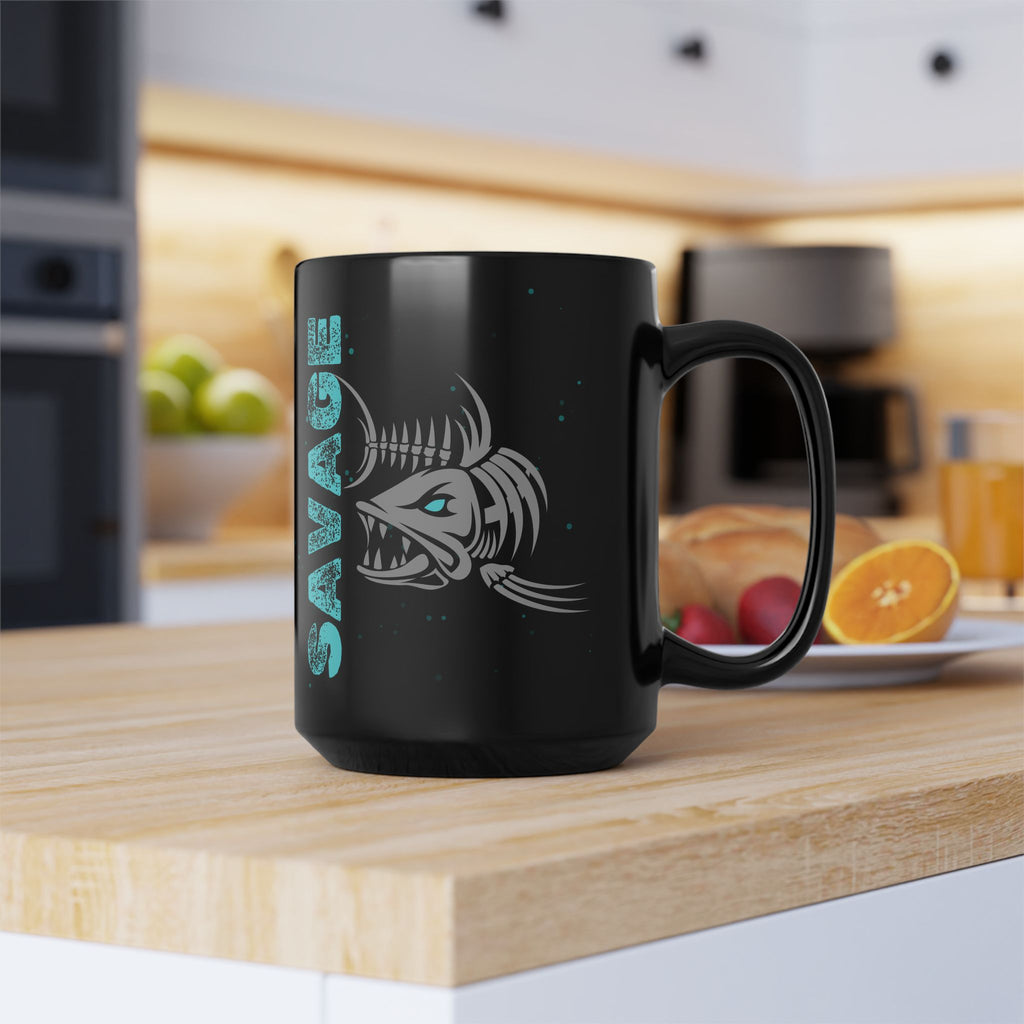 Savage Fish Black Mug – Bold Angler Coffee Cup (11oz/15oz)