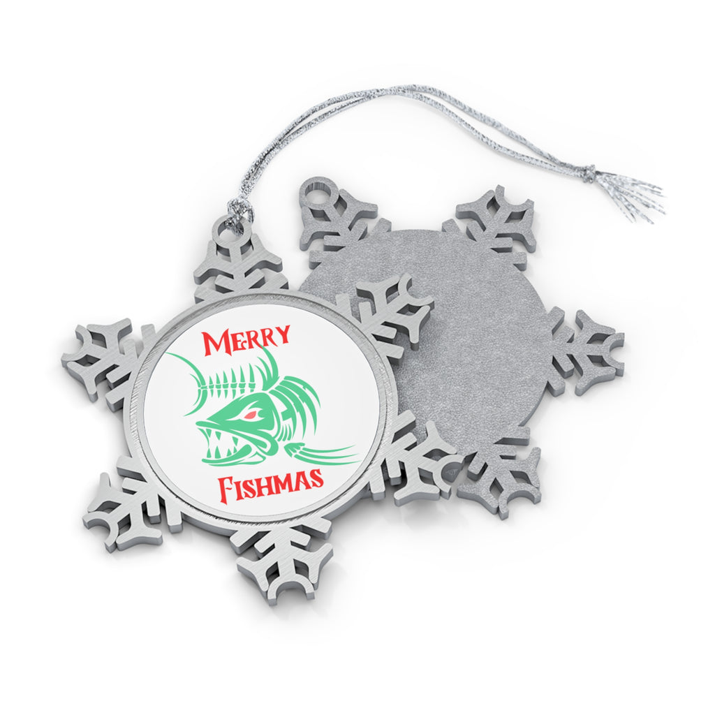 Pewter Snowflake Ornament - 'Merry Fishmas' Holiday Fishing Tree Decoration