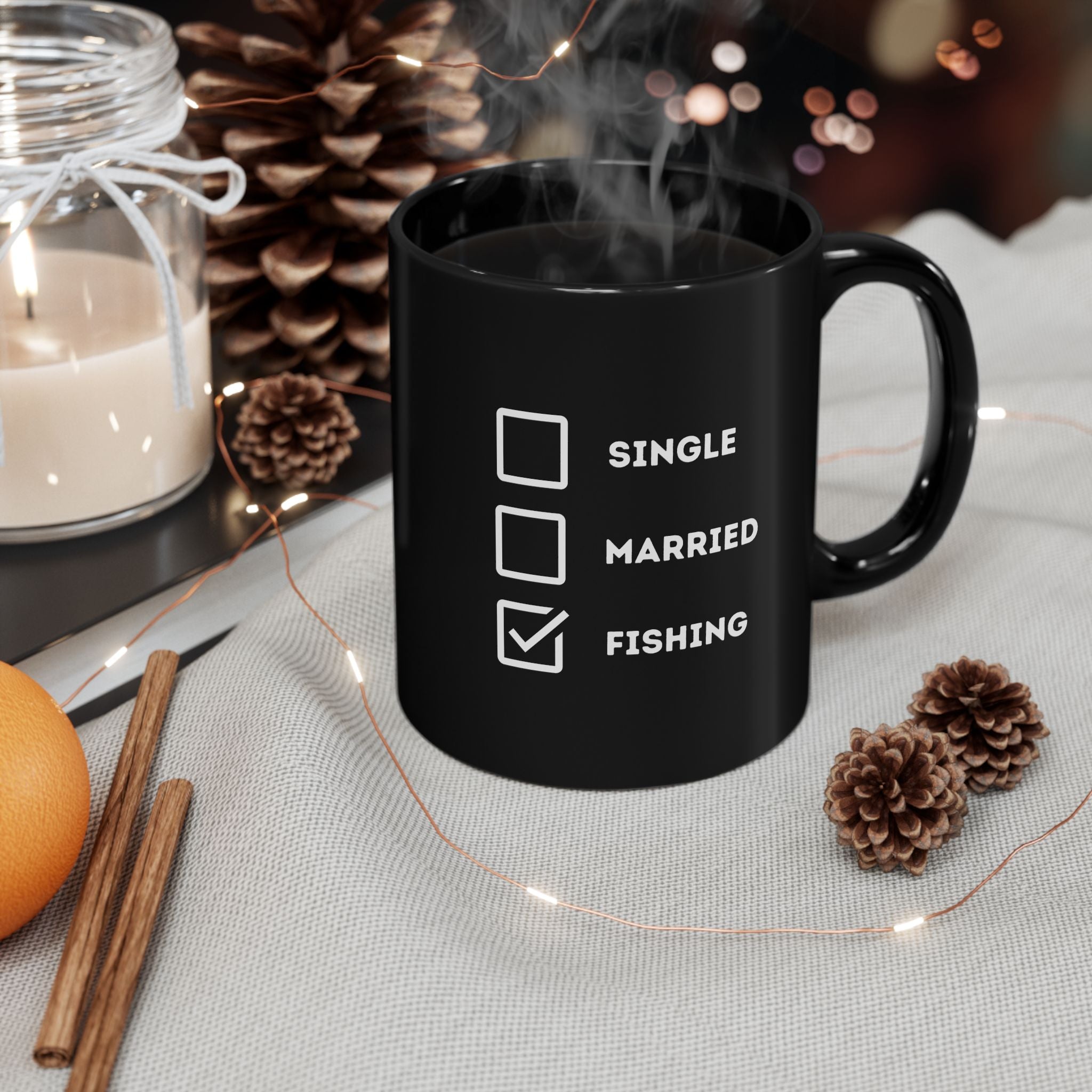 "Single, Married, Fishing Check Box" Black Mug - Funny Relationship Status Coffee Cup
