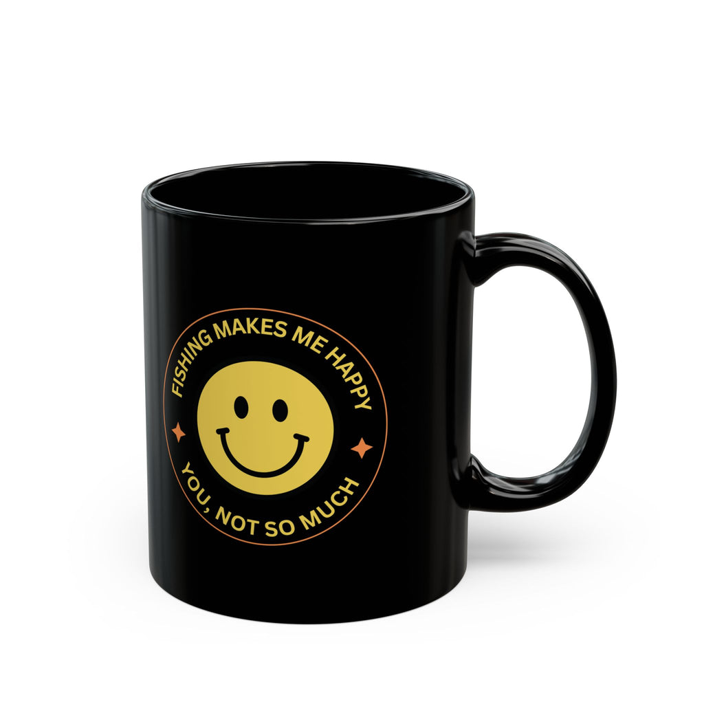 "Fishing Makes Me Happy" Black Mug - Fun Coffee Cup for Fishing Enthusiasts