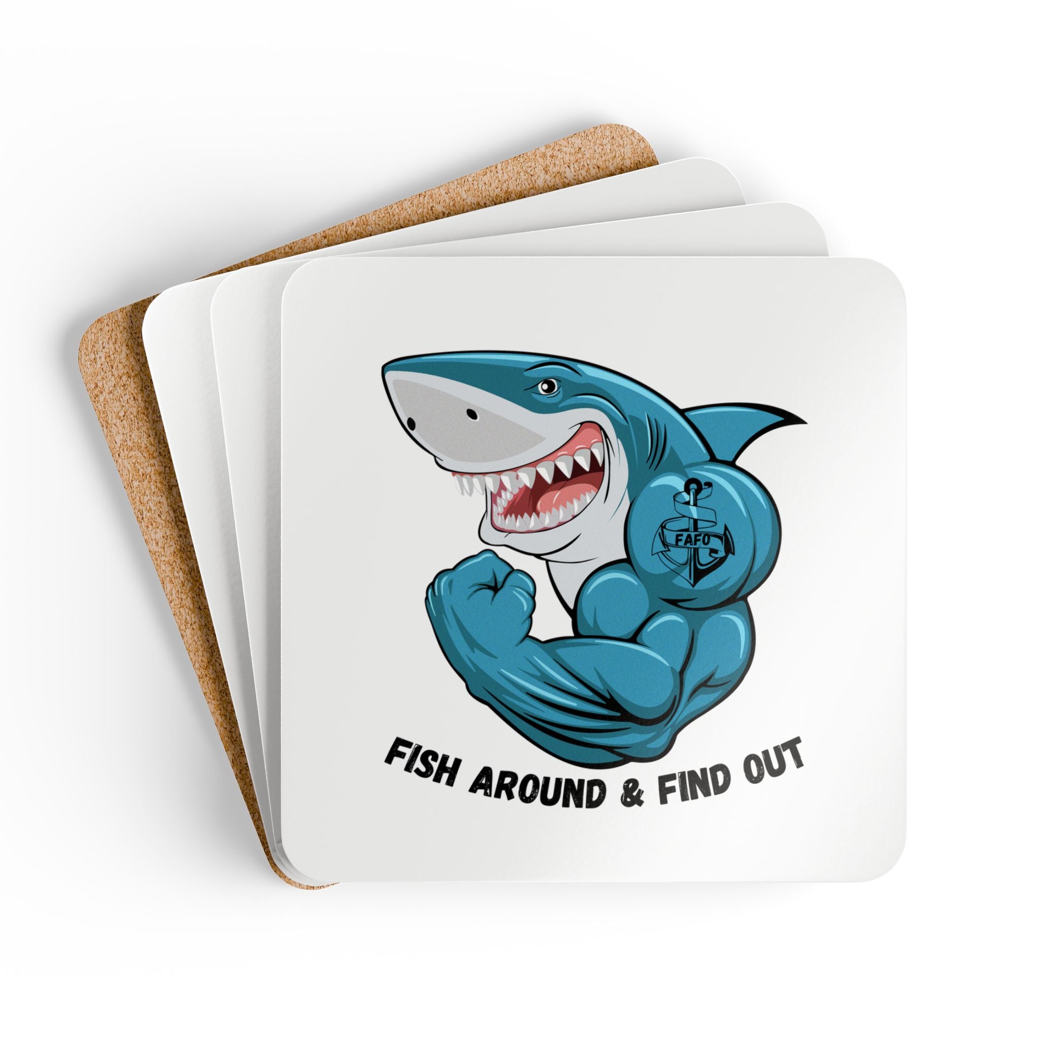Shark Muscle Cork Coaster Set — 'Fish Around & Find Out' Drink Coasters
