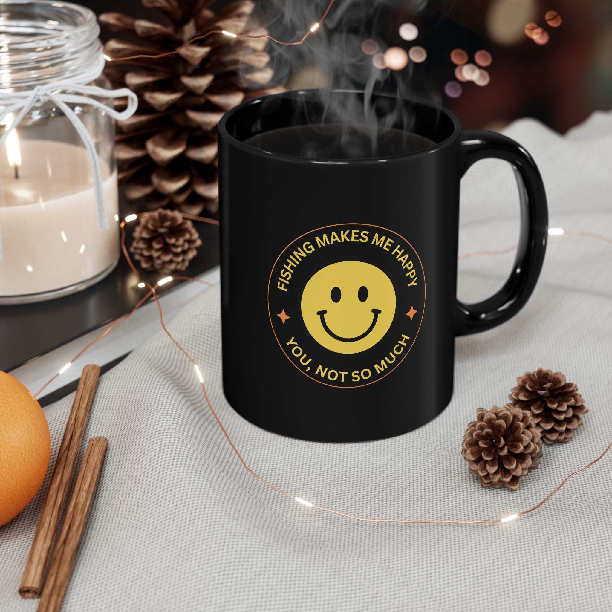"Fishing Makes Me Happy" Black Mug - Fun Coffee Cup for Fishing Enthusiasts