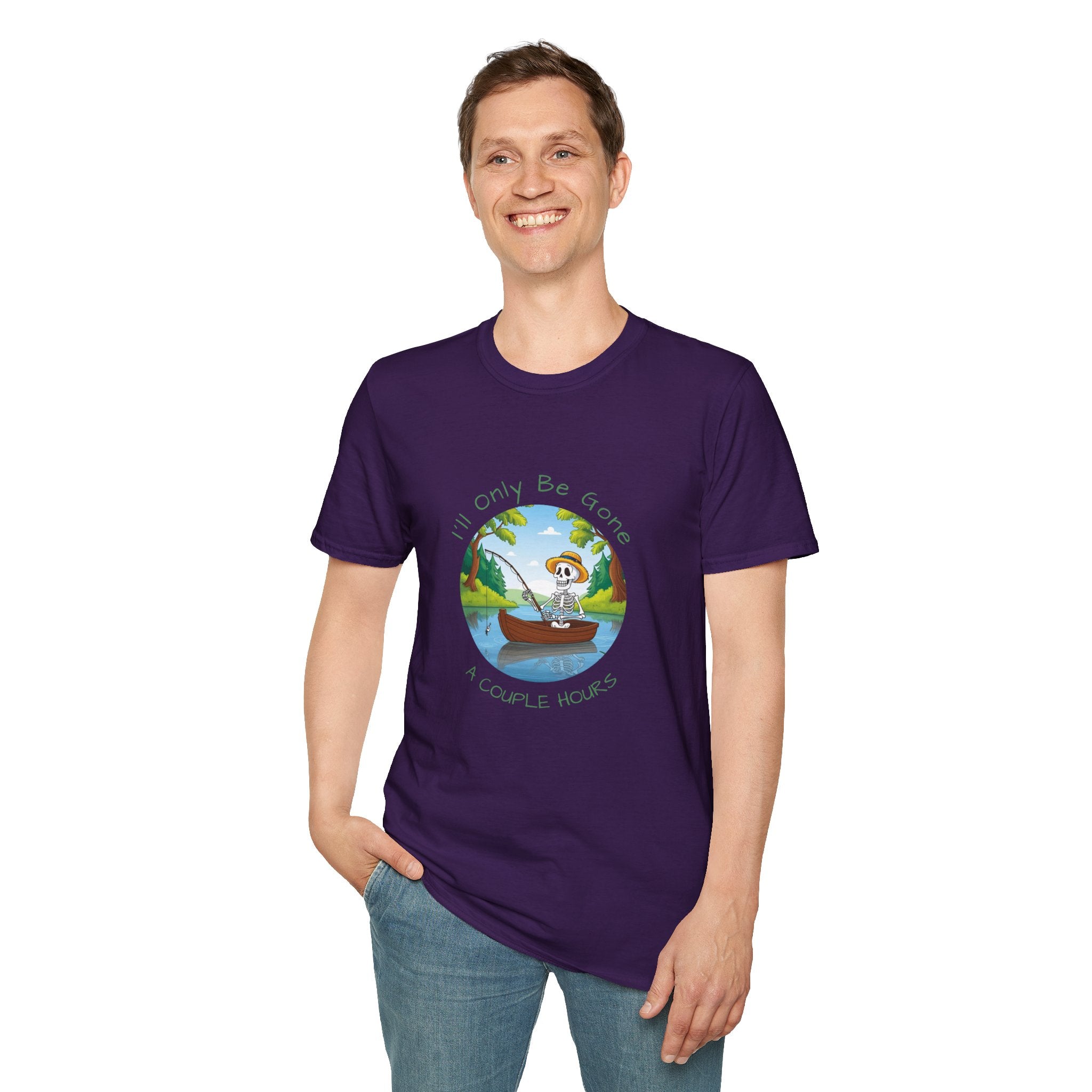 "I'll Only Be Gone A Couple Hours" Fishing Theme Unisex Softstyle T-Shirt – Perfect for Nature Lovers & Weekend Adventurers