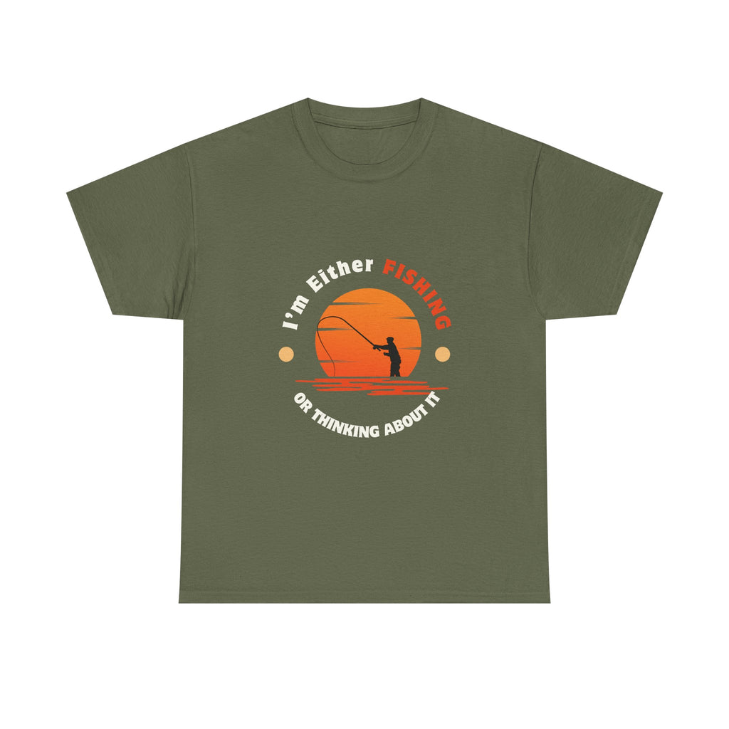 "I'm Either Fishing or Thinking About It" Unisex Heavy Cotton Tee - Relaxed Fit Fishing Apparel