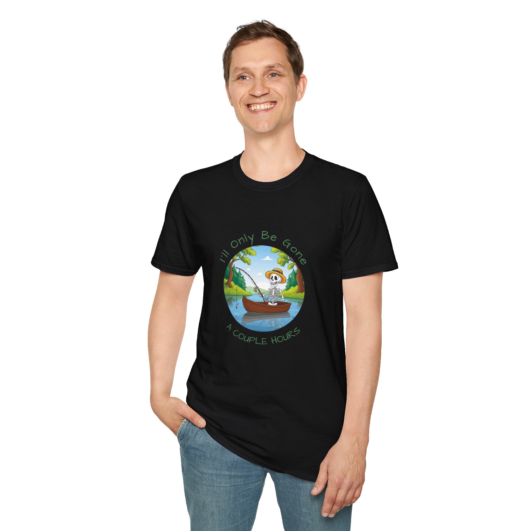 "I'll Only Be Gone A Couple Hours" Fishing Theme Unisex Softstyle T-Shirt – Perfect for Nature Lovers & Weekend Adventurers