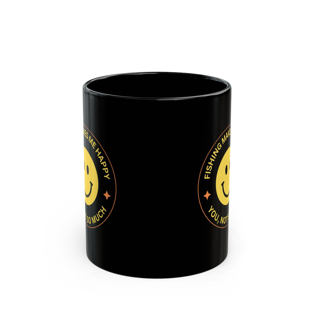"Fishing Makes Me Happy" Black Mug - Fun Coffee Cup for Fishing Enthusiasts