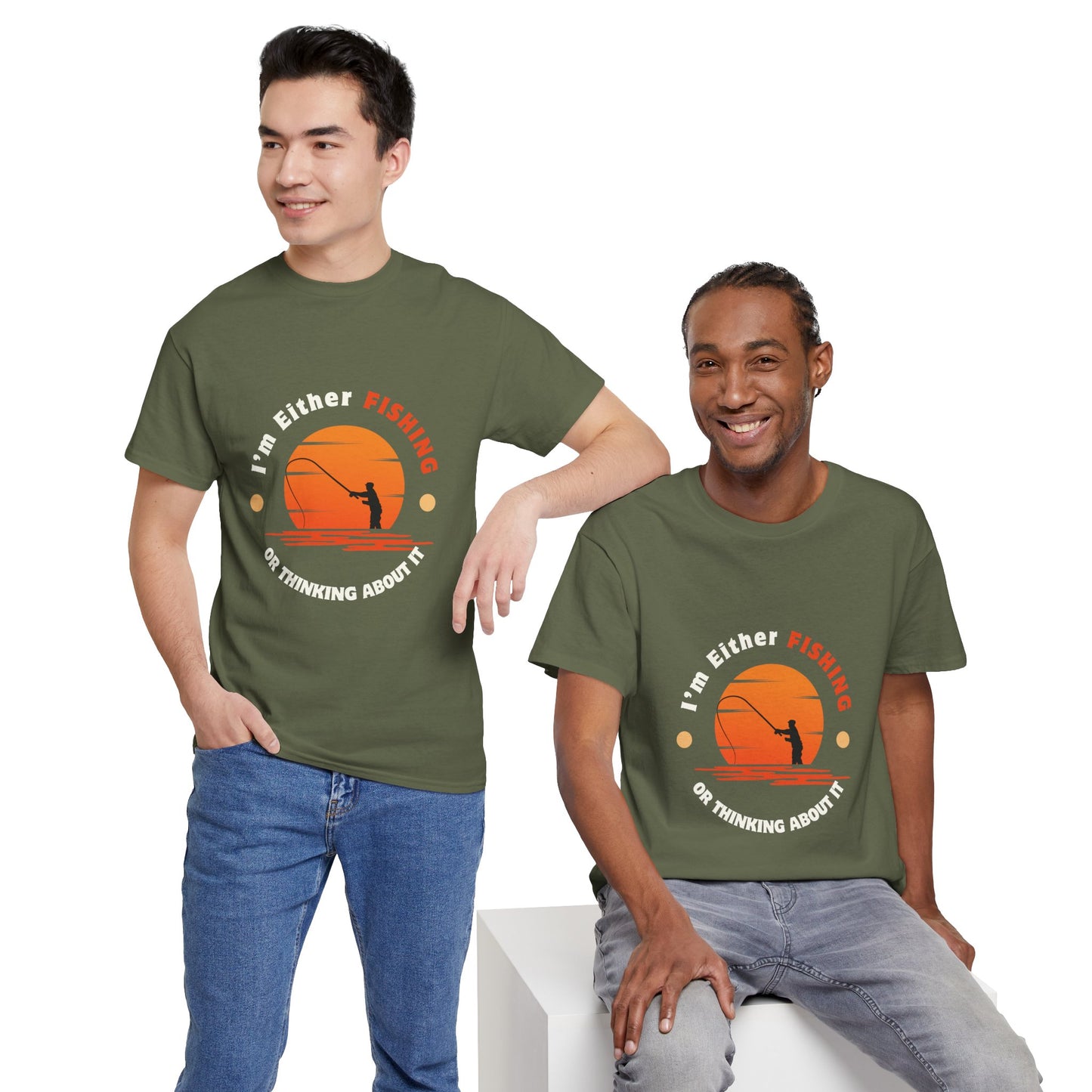"I'm Either Fishing or Thinking About It" Unisex Heavy Cotton Tee - Relaxed Fit Fishing Apparel