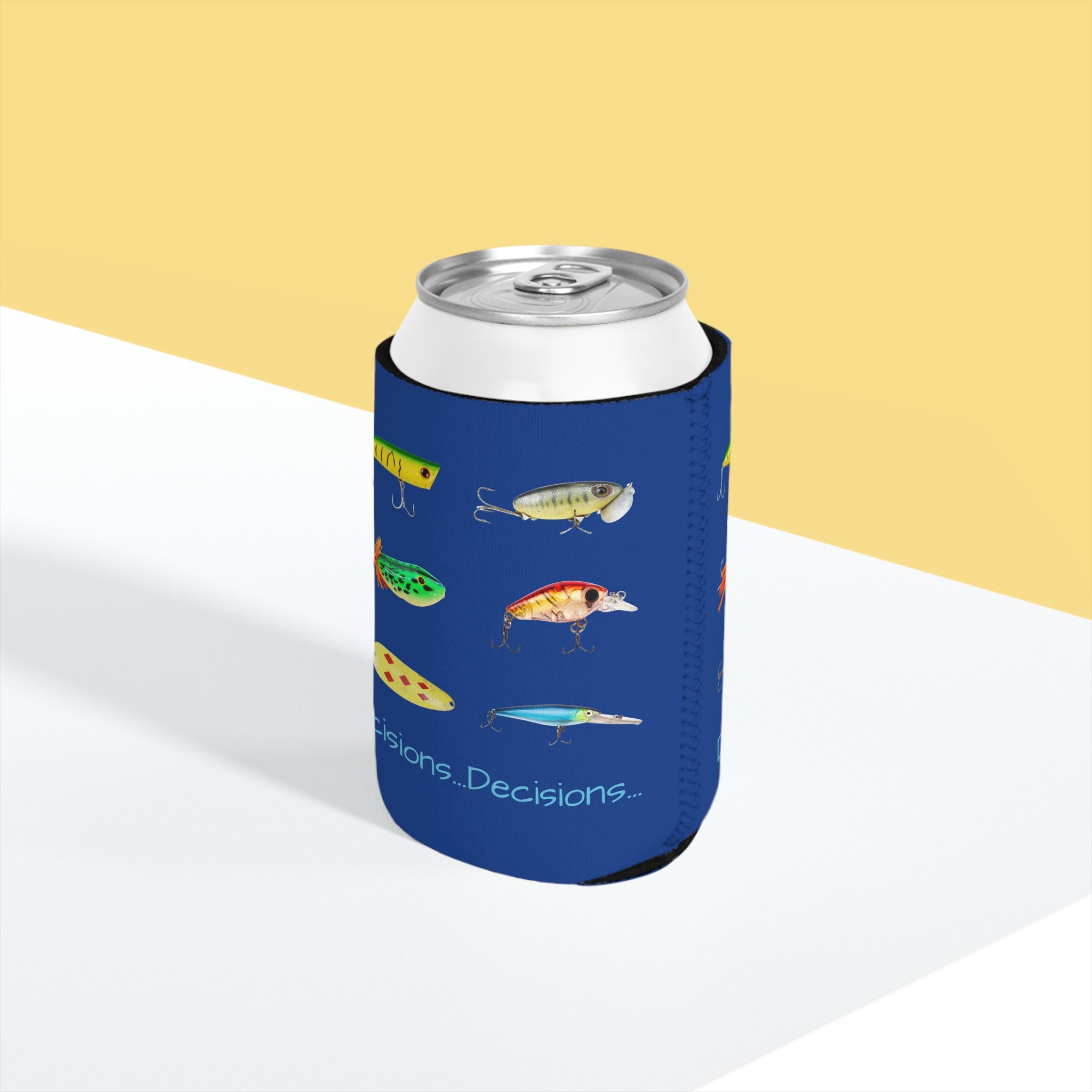 "Decisions...Decisions..." Funny Fishing Can Cooler Sleeve — Gift for Anglers