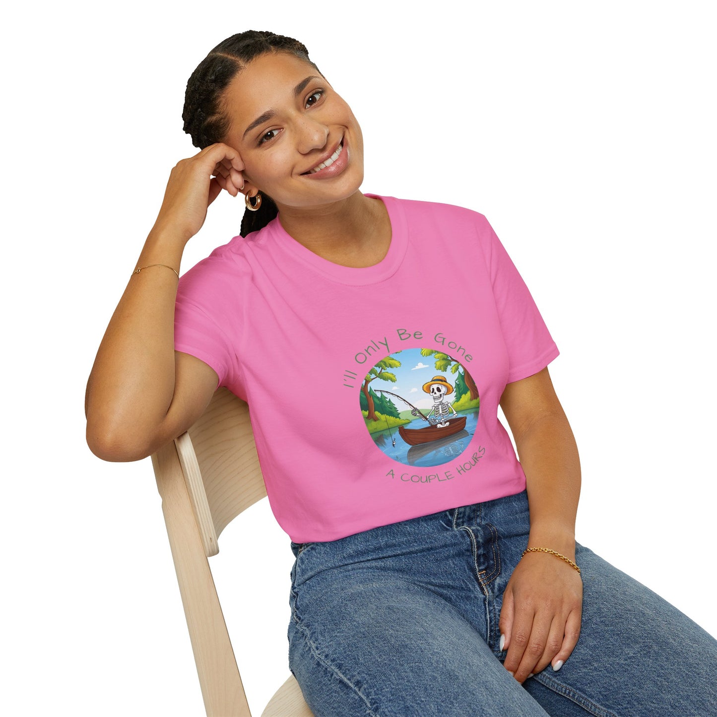 "I'll Only Be Gone A Couple Hours" Fishing Theme Unisex Softstyle T-Shirt – Perfect for Nature Lovers & Weekend Adventurers