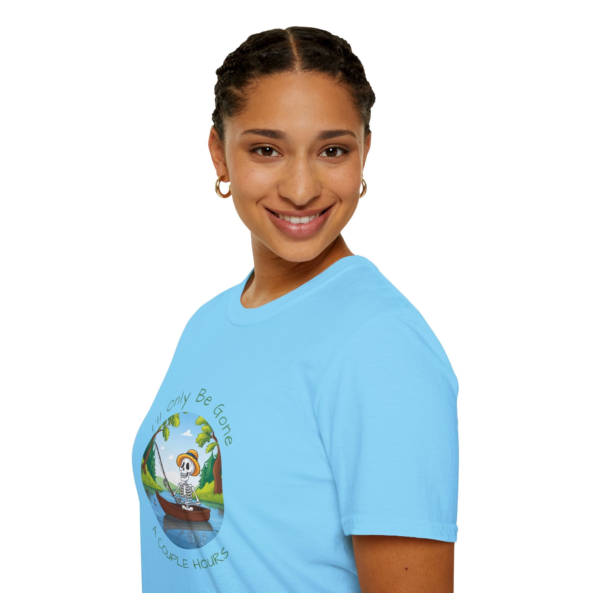 "I'll Only Be Gone A Couple Hours" Fishing Theme Unisex Softstyle T-Shirt – Perfect for Nature Lovers & Weekend Adventurers