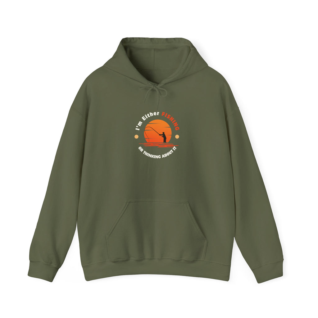 "I'm Either Fishing or Thinking About It" Funny Fishing Heavy Blend™ Hooded Sweatshirt — Gift for Anglers