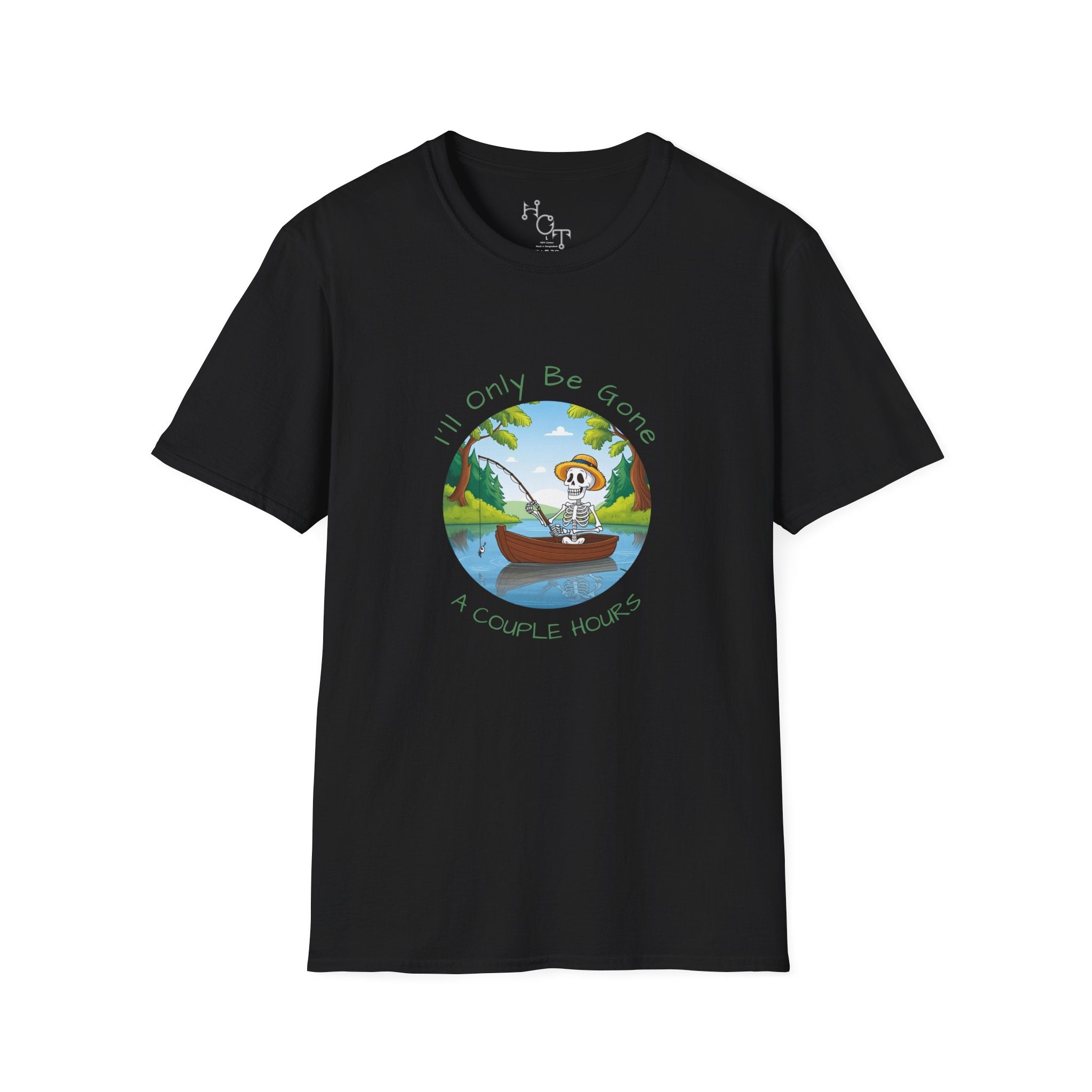 "I'll Only Be Gone A Couple Hours" Fishing Theme Unisex Softstyle T-Shirt – Perfect for Nature Lovers & Weekend Adventurers