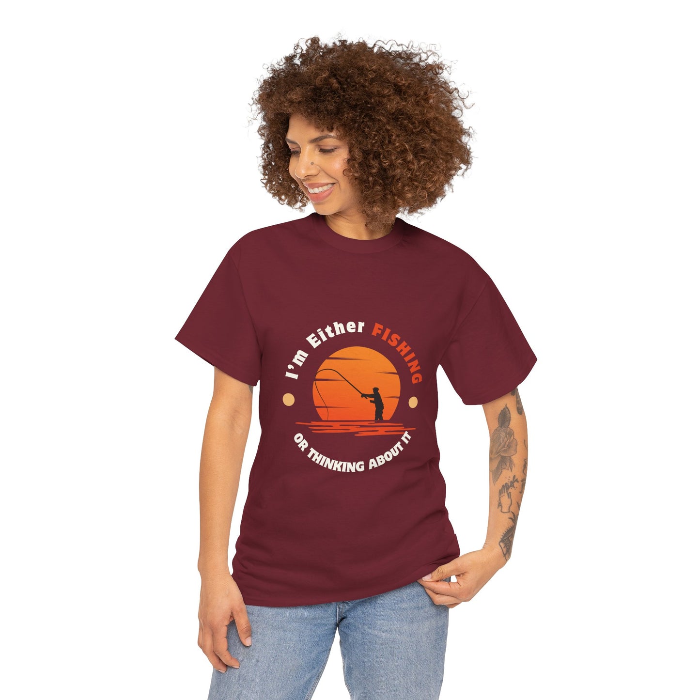 "I'm Either Fishing or Thinking About It" Unisex Heavy Cotton Tee - Relaxed Fit Fishing Apparel