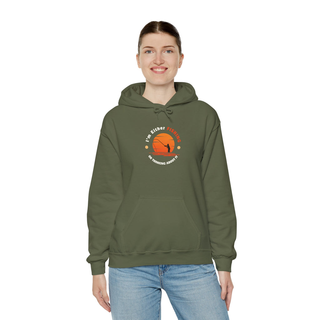 "I'm Either Fishing or Thinking About It" Funny Fishing Heavy Blend™ Hooded Sweatshirt — Gift for Anglers