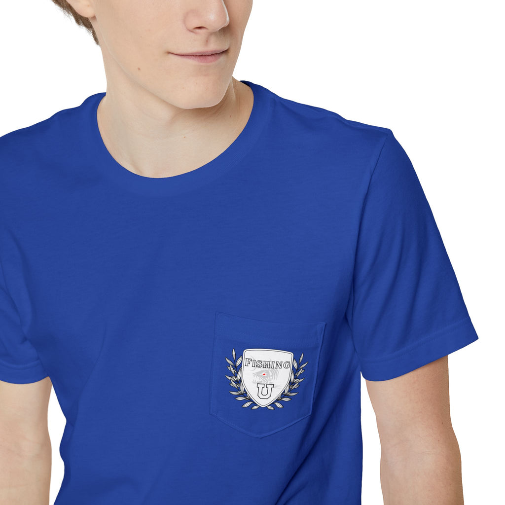 "Fishing University" Unisex Pocket T-Shirt - Unique Graphic Tee for Casual Style.