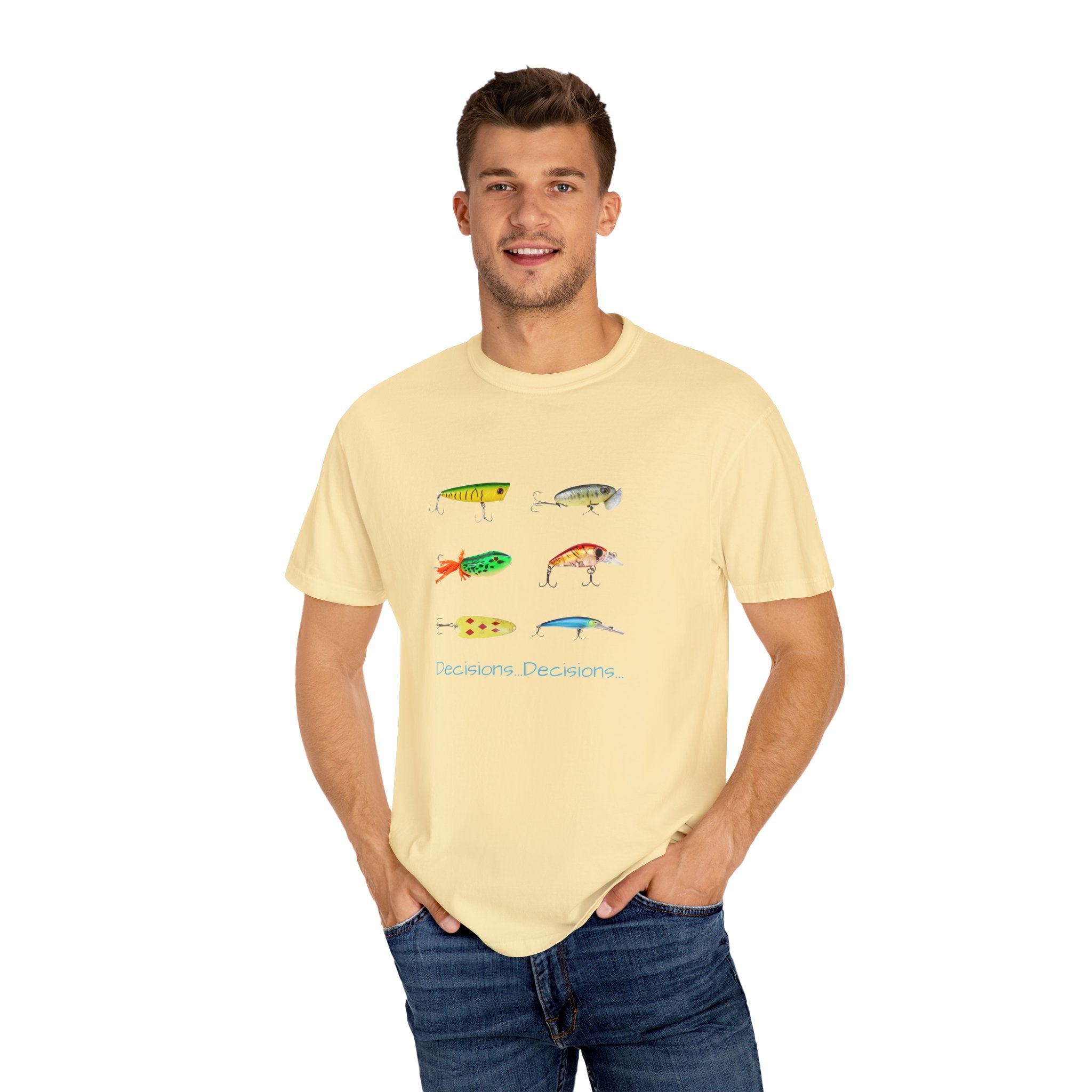 Unisex Fishing Theme T-Shirt - "Decisions, Decisions" Graphic Tee