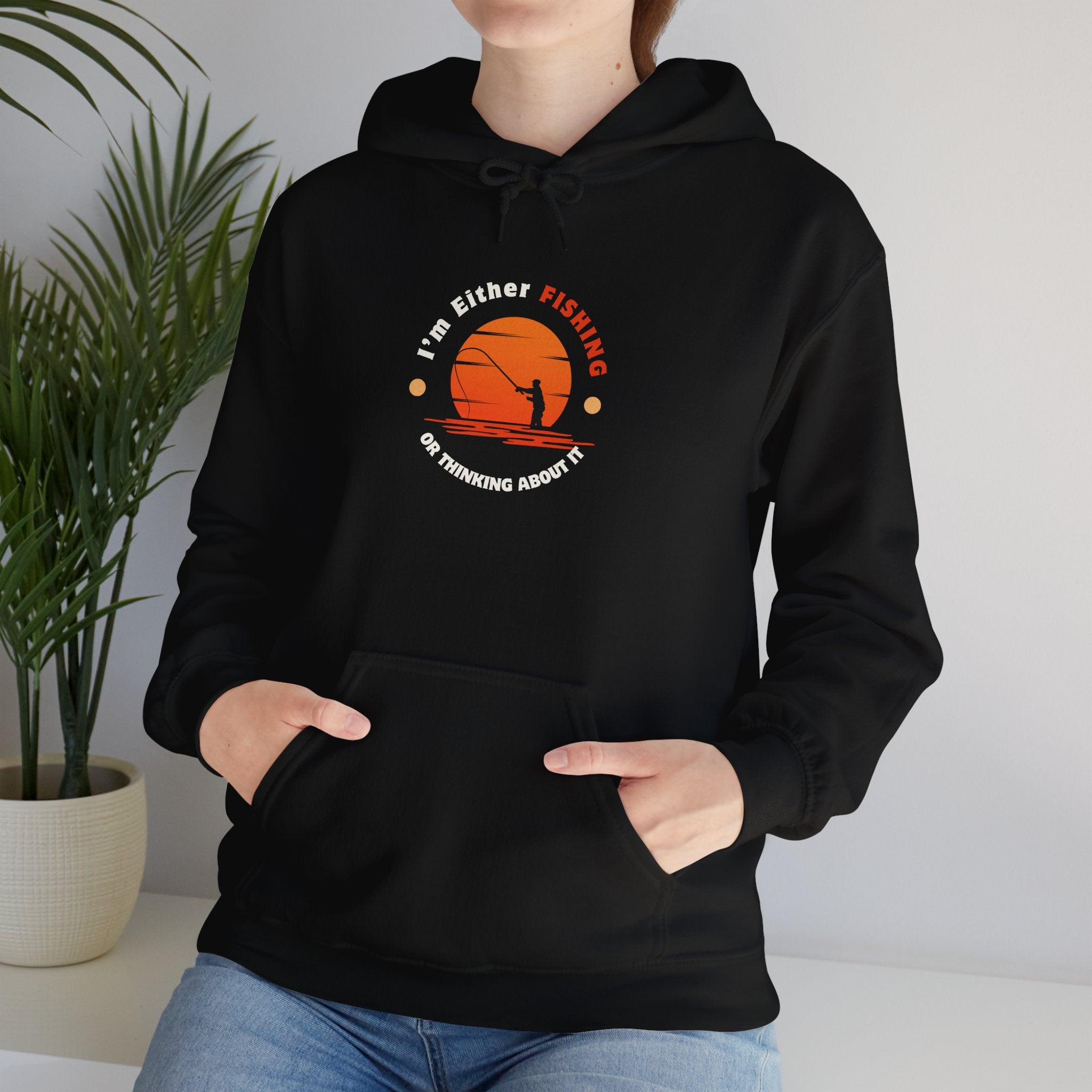"I'm Either Fishing or Thinking About It" Funny Fishing Heavy Blend™ Hooded Sweatshirt — Gift for Anglers