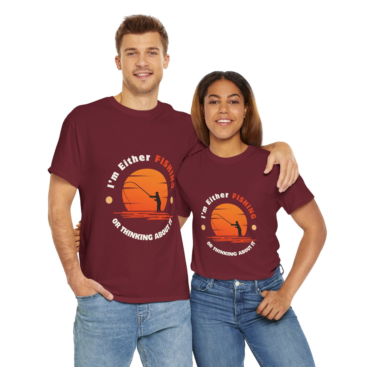 "I'm Either Fishing or Thinking About It" Unisex Heavy Cotton Tee - Relaxed Fit Fishing Apparel